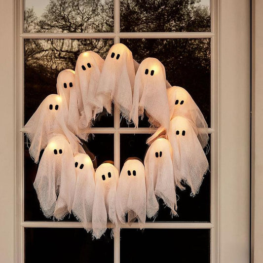 A Halloween Glowing Ghost Wreath, a Halloween Ghost Gang Knocking on the Door, a Cute yet Thrilling Halloween Home Door and Window Decoration Pendant, a Handicraft That Easily Creates a Halloween Atmosphere