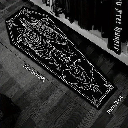 Halloween Home Decor Carpet, Skull Spider Print Coffin Shape Mat, Creative Unique Holiday Gift Rug, Soft Washable Floor Covering