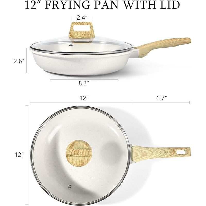Ceramic Nonstick Frying Pan with Lid - 12" Non Stick Skillet Omelette Pans, Induction Compatible Chef Pan, & Pfoa-Free, Dishwasher Safe, Stay Cool Handles