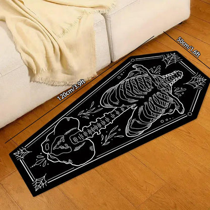 Halloween Home Decor Carpet, Skull Spider Print Coffin Shape Mat, Creative Unique Holiday Gift Rug, Soft Washable Floor Covering